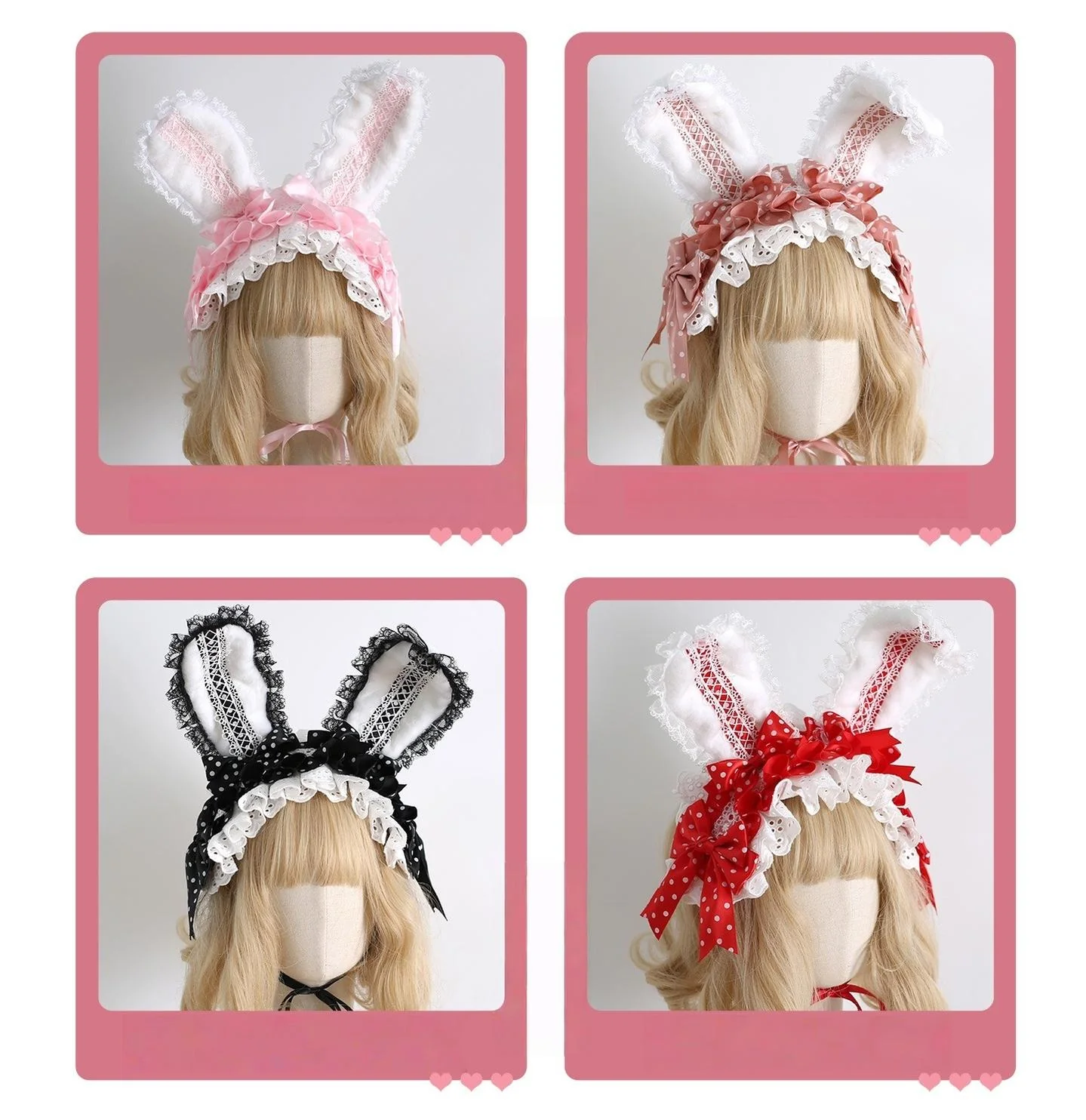 Xiaogui - Sweet Lolita Polka Dot Lace Hairband, Shapeable Bunny Ears - Image 3