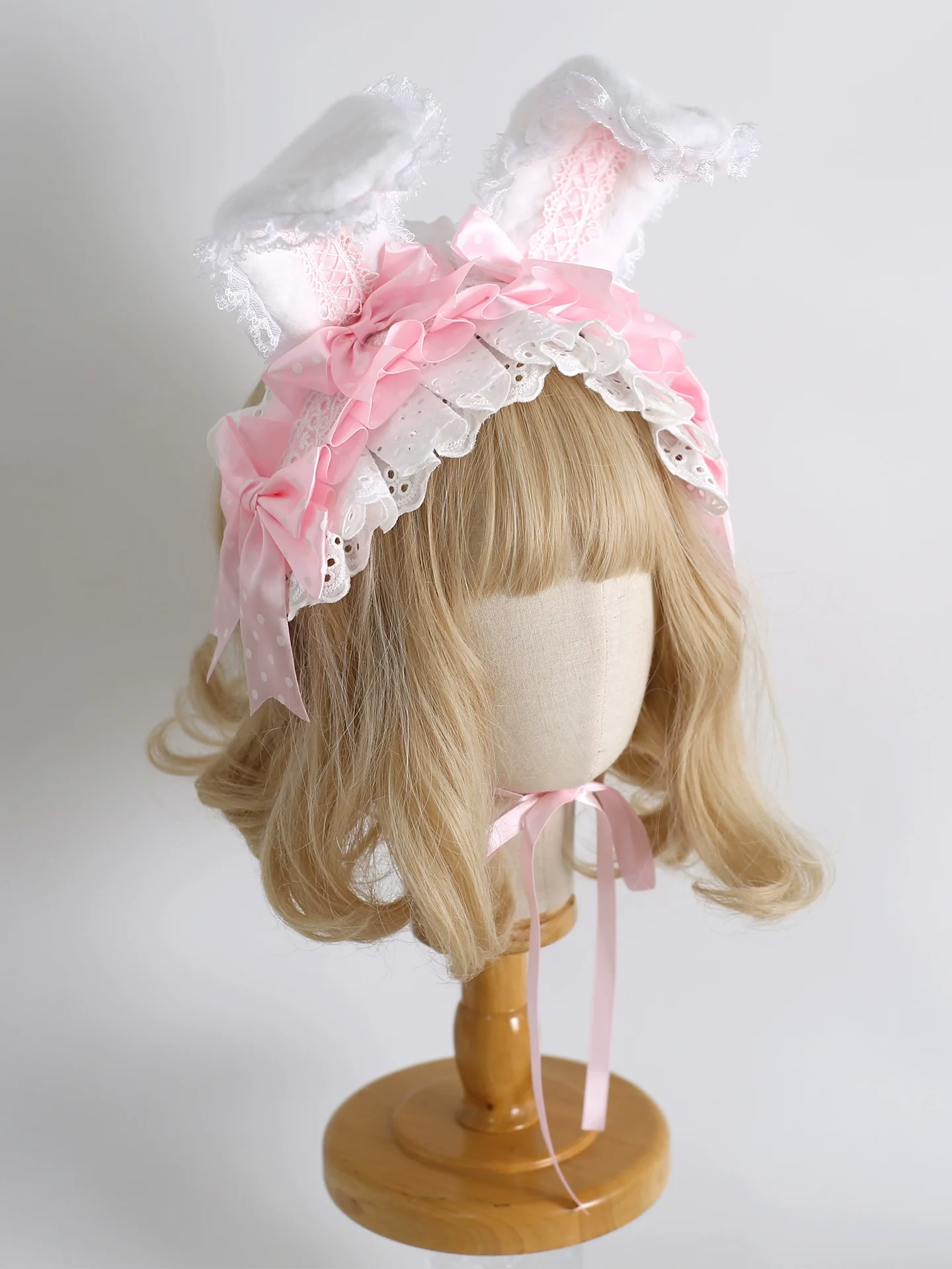 Xiaogui - Sweet Lolita Polka Dot Lace Hairband, Shapeable Bunny Ears - Image 4