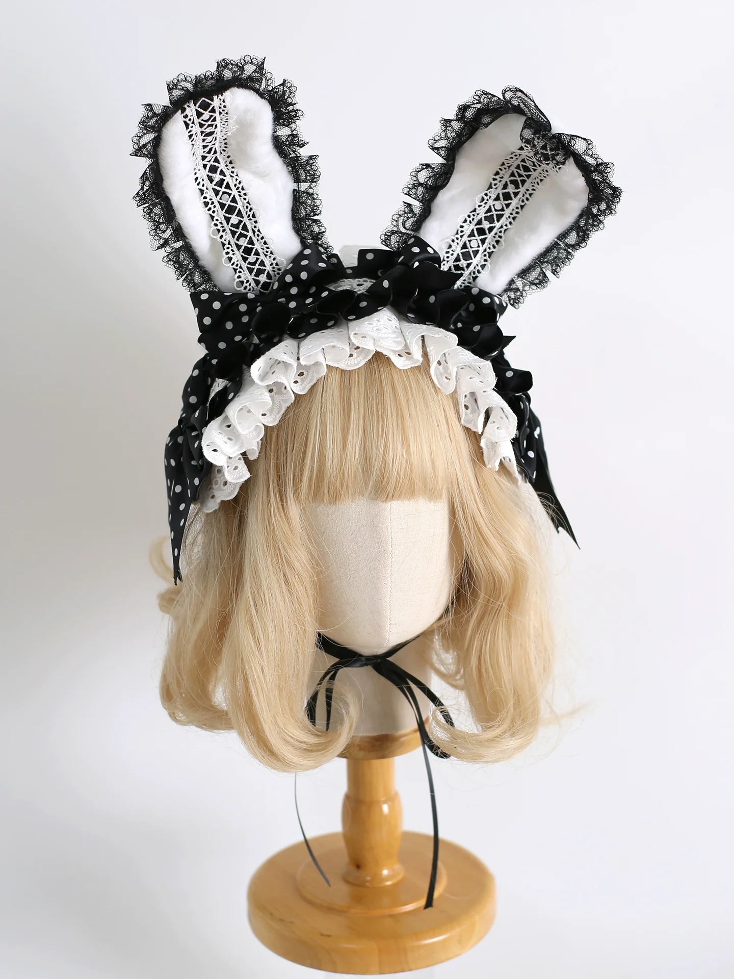 Xiaogui - Sweet Lolita Polka Dot Lace Hairband, Shapeable Bunny Ears - Image 5