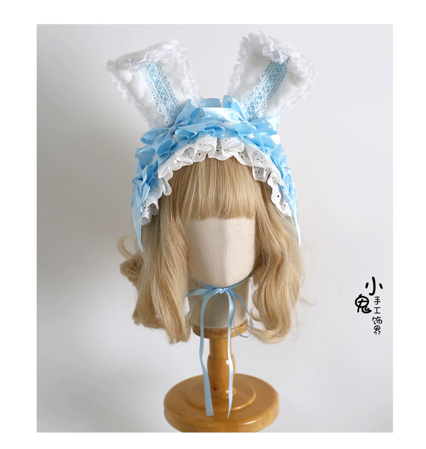 Xiaogui - Sweet Lolita Polka Dot Lace Hairband, Shapeable Bunny Ears - Image 6