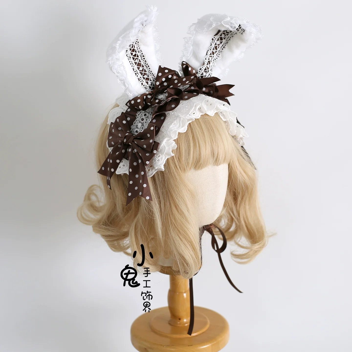 Xiaogui - Sweet Lolita Polka Dot Lace Hairband, Shapeable Bunny Ears - Image 7