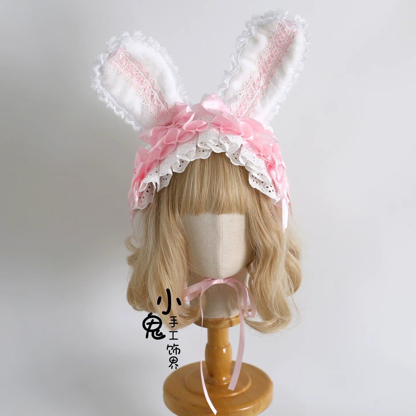 Xiaogui - Sweet Lolita Polka Dot Lace Hairband, Shapeable Bunny Ears - Image 8