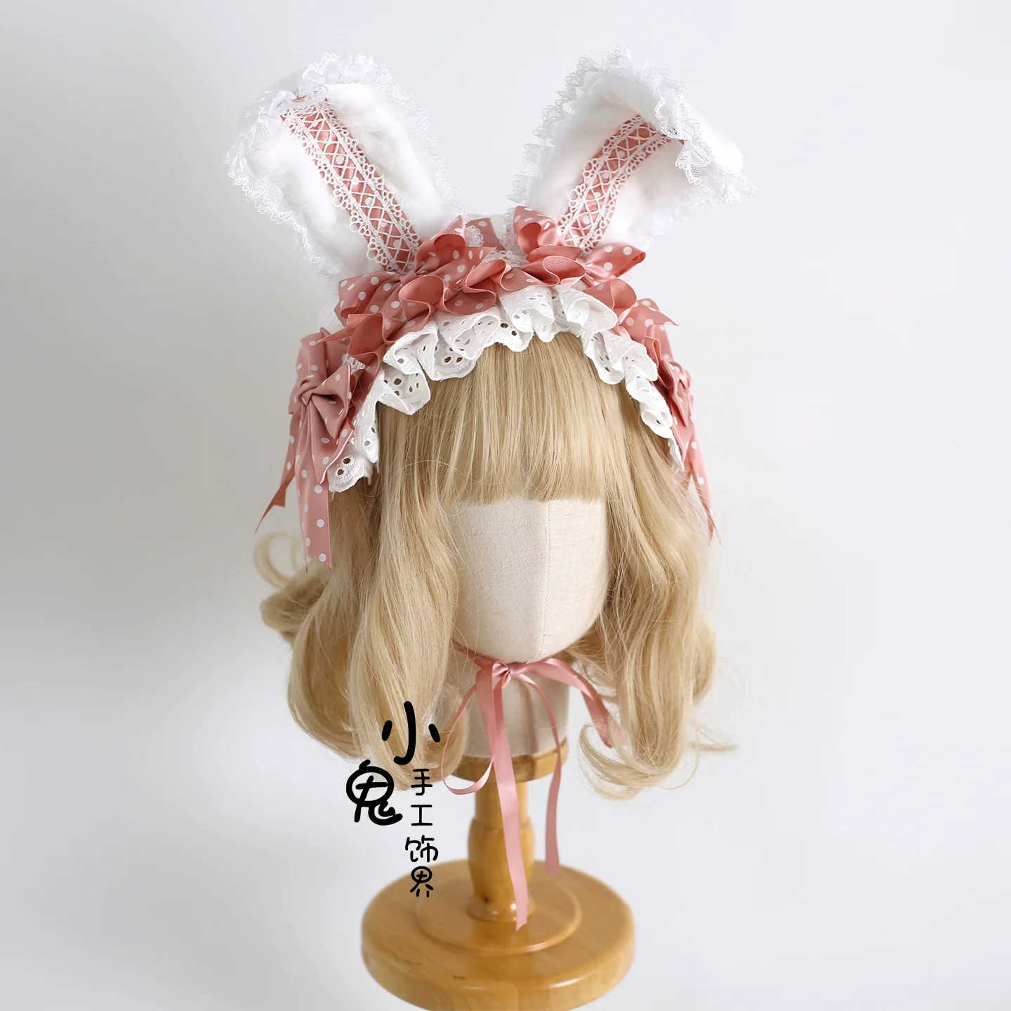 Xiaogui - Sweet Lolita Polka Dot Lace Hairband, Shapeable Bunny Ears - Image 9