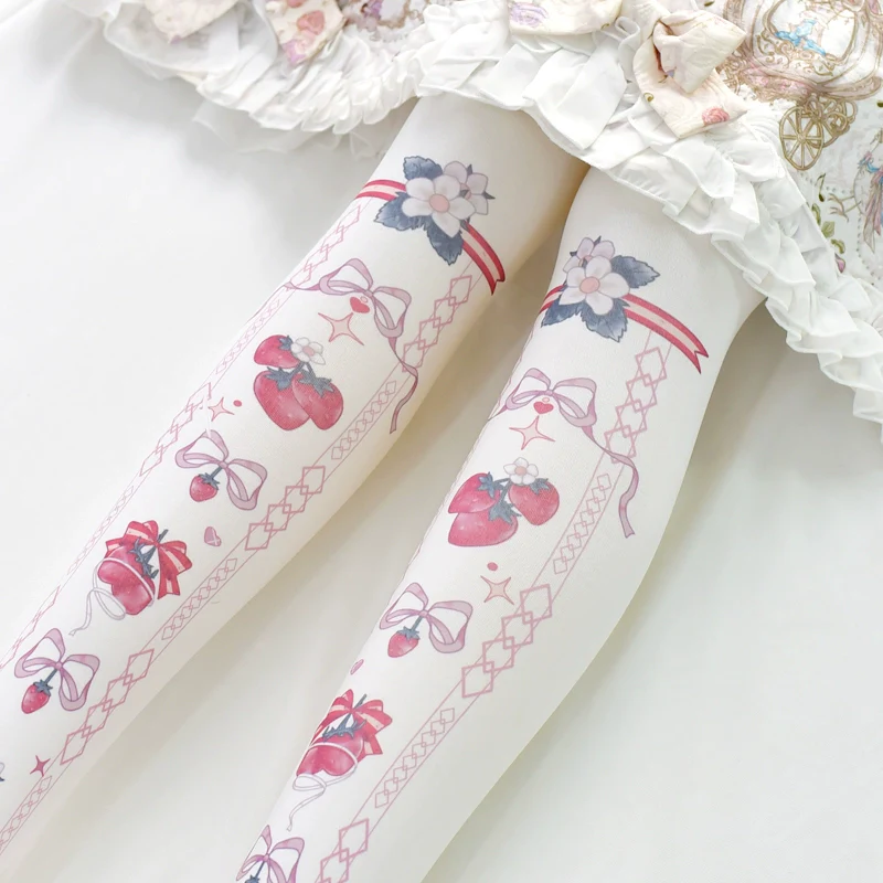 Wuxiaoliu - Sweet Lolita Tights Strawberry Bow Printing White Pantyhose - Image 2