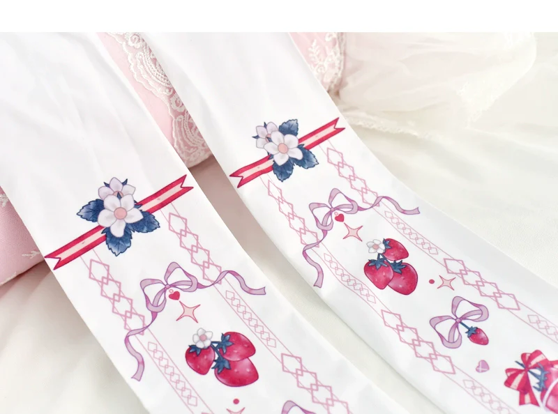 Wuxiaoliu - Sweet Lolita Tights Strawberry Bow Printing White Pantyhose - Image 3