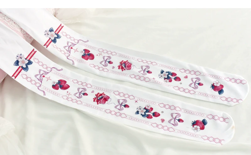 Wuxiaoliu - Sweet Lolita Tights Strawberry Bow Printing White Pantyhose - Image 5