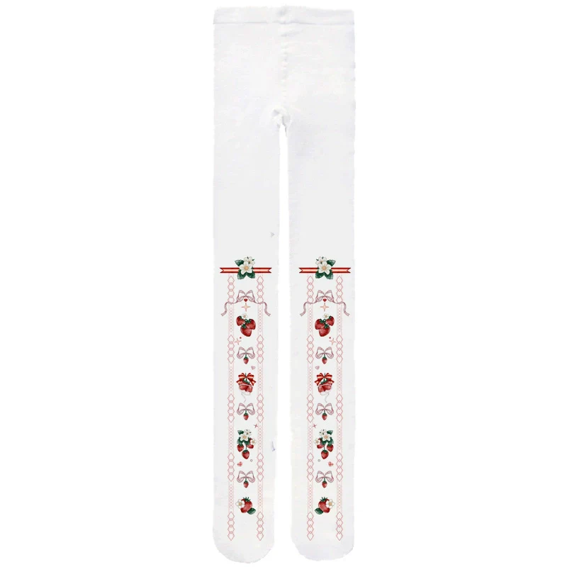 Wuxiaoliu - Sweet Lolita Tights Strawberry Bow Printing White Pantyhose - Image 7