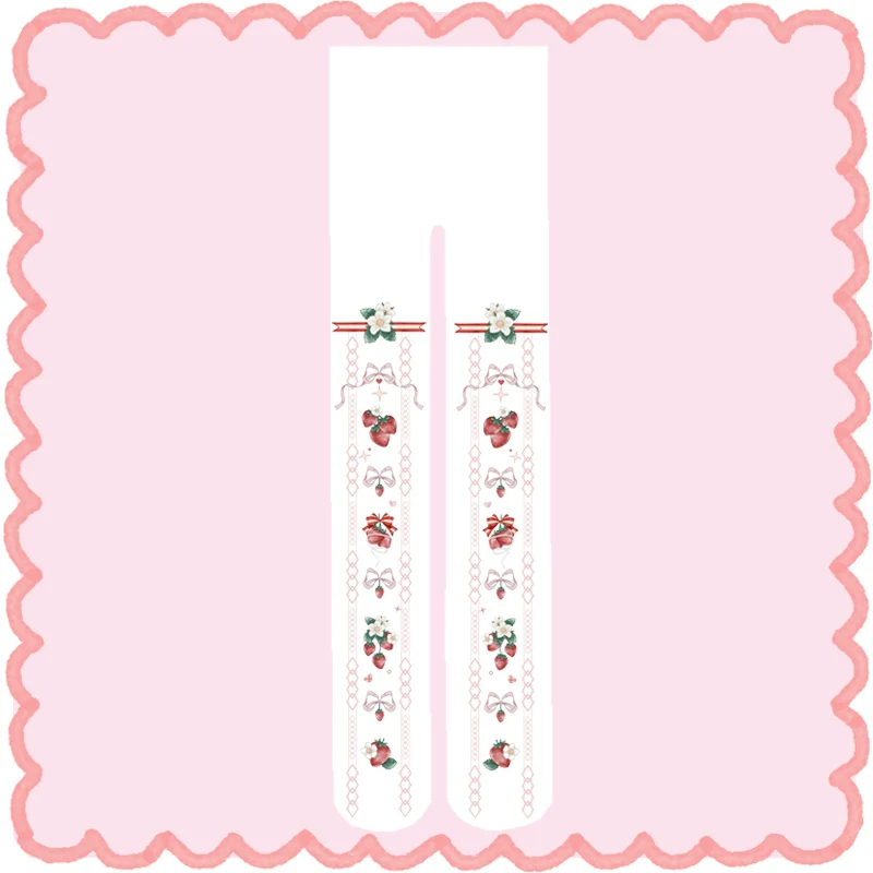 Wuxiaoliu - Sweet Lolita Tights Strawberry Bow Printing White Pantyhose - Image 8