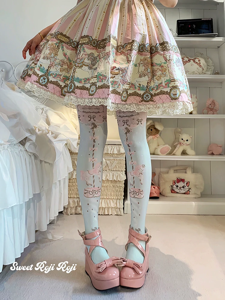 Roji Roji - Sweet Lolita Tights Velvet Printed Lolita Pantyhose - Image 3