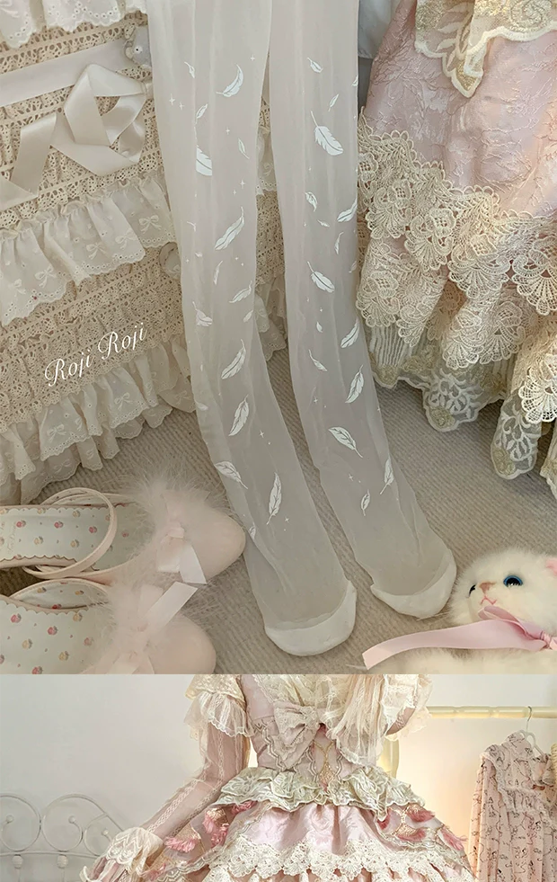 Roji Roji - Sweet Lolita Tights Women Feather Print Pantyhose - Image 9