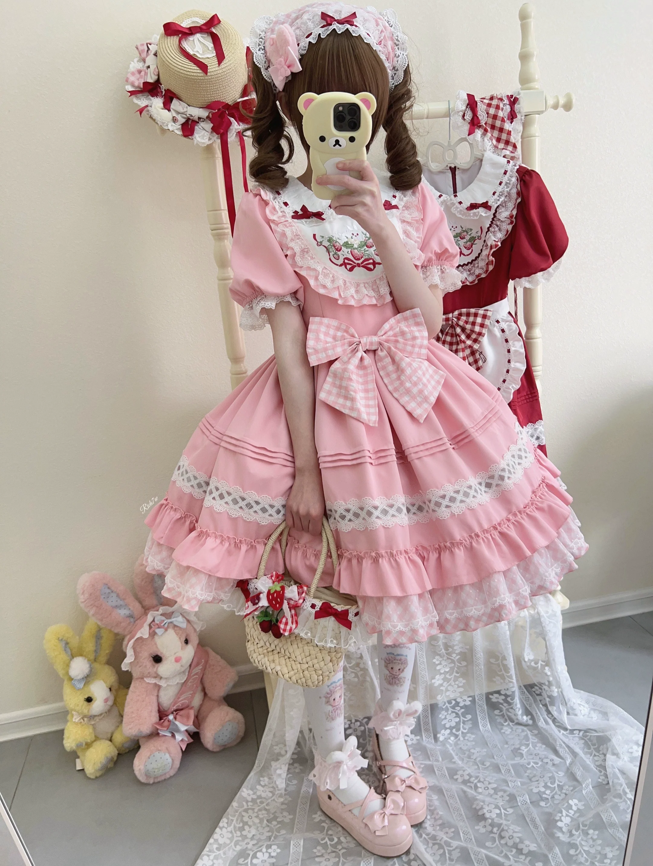 Strawberry Tea - Sweet Red Lolita OP Dress Short Sleeve Apron Dress - Image 10