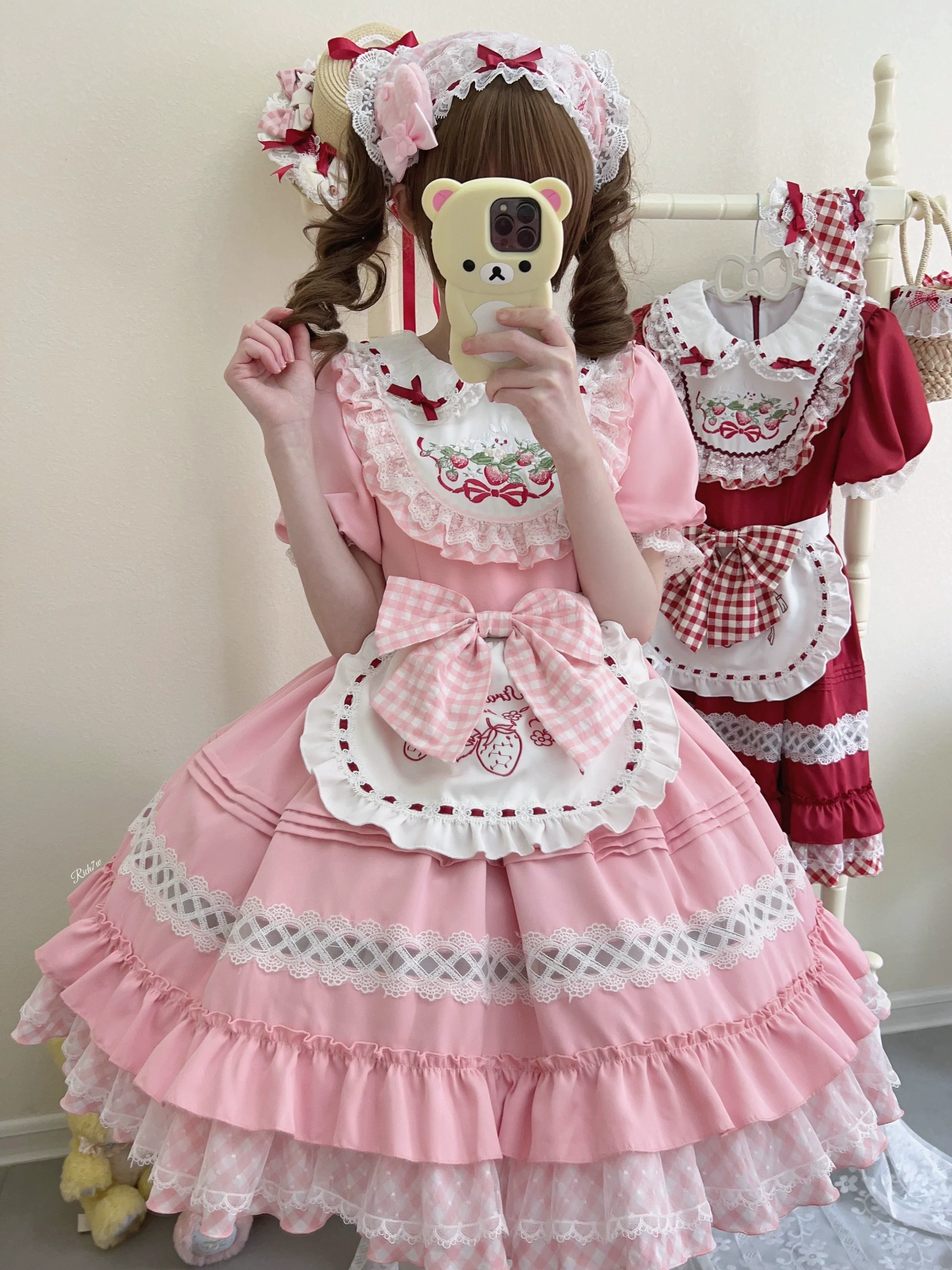 Strawberry Tea - Sweet Red Lolita OP Dress Short Sleeve Apron Dress - Image 11