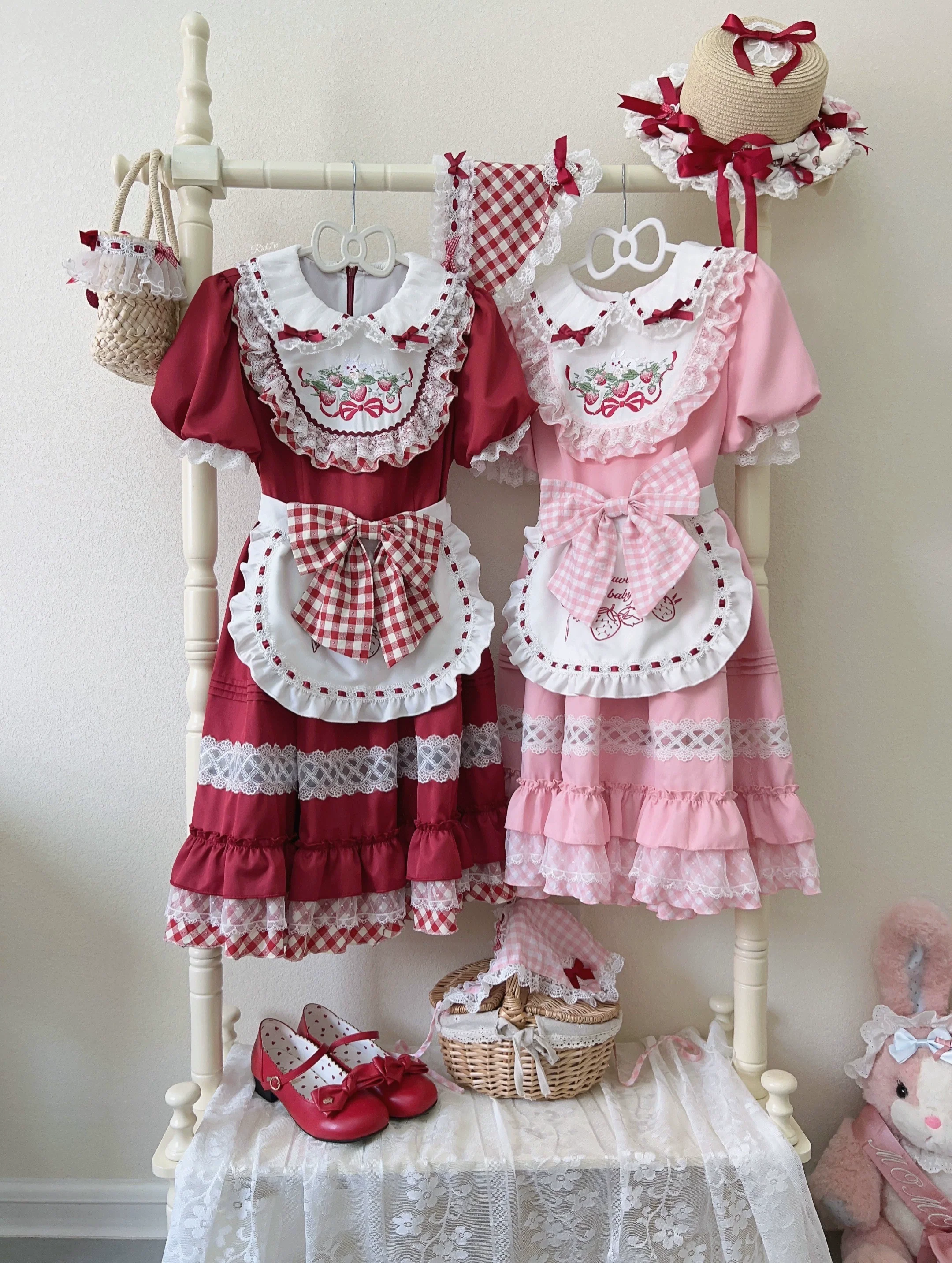 Strawberry Tea - Sweet Red Lolita OP Dress Short Sleeve Apron Dress - Image 13