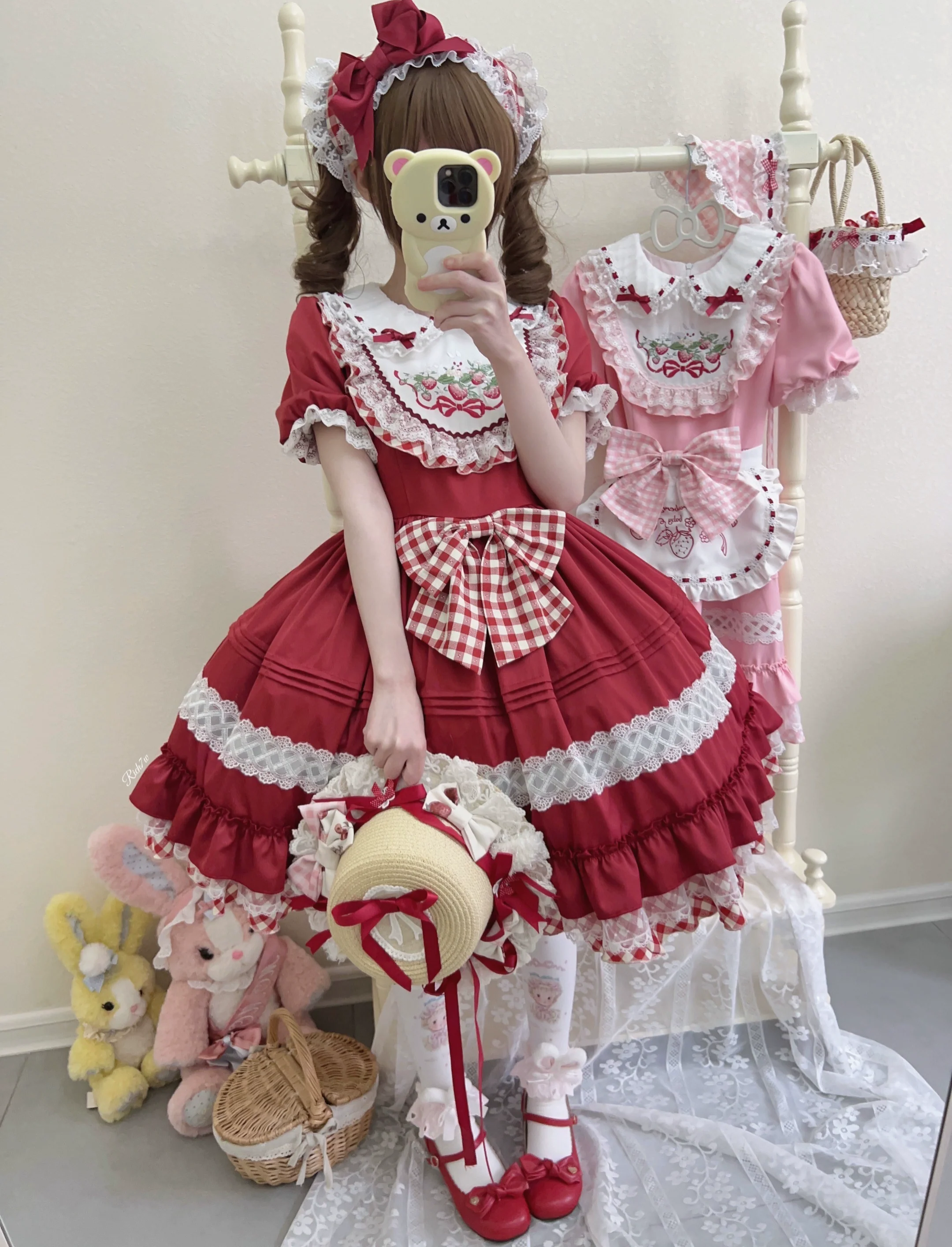 Strawberry Tea - Sweet Red Lolita OP Dress Short Sleeve Apron Dress - Image 2
