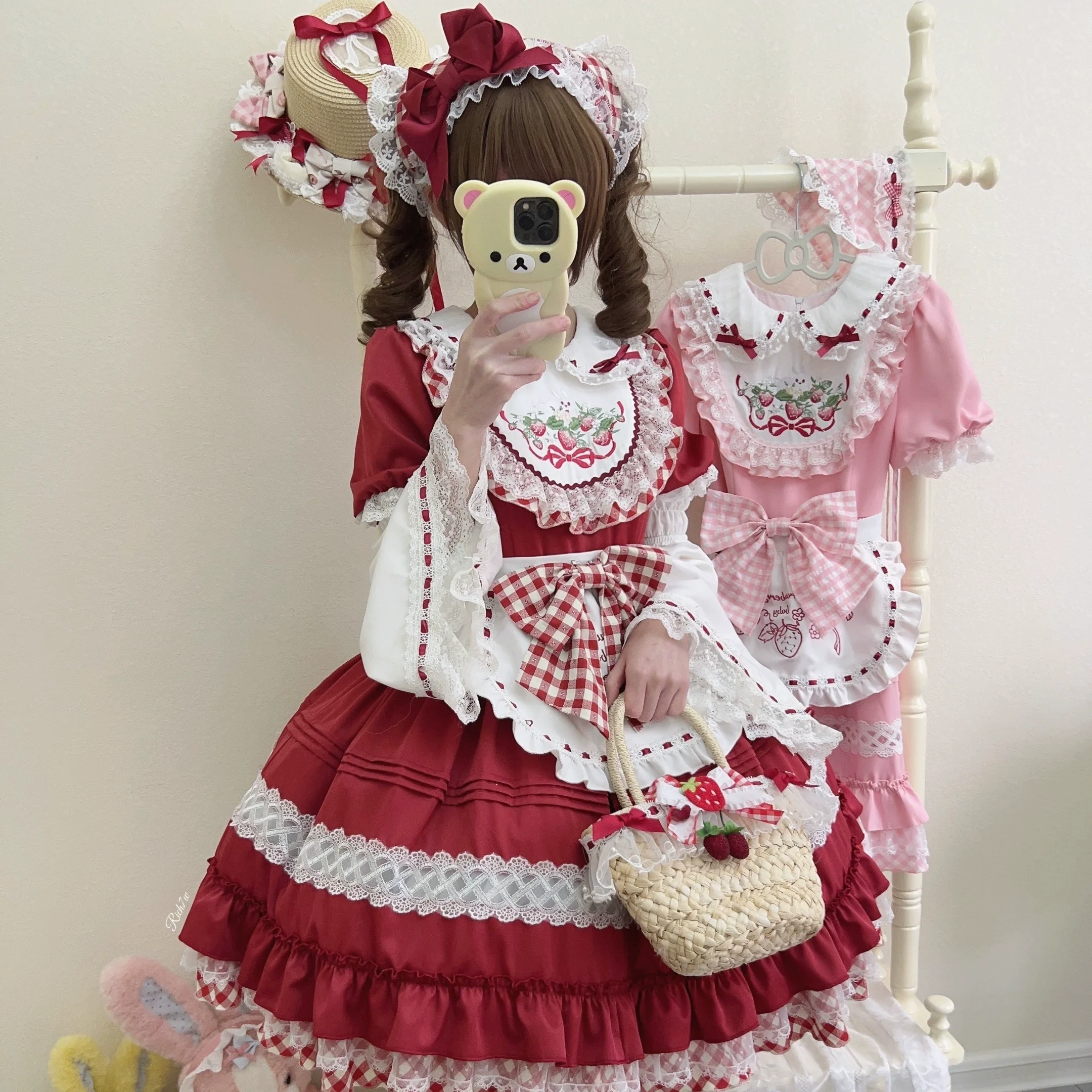 Strawberry Tea - Sweet Red Lolita OP Dress Short Sleeve Apron Dress - Image 3