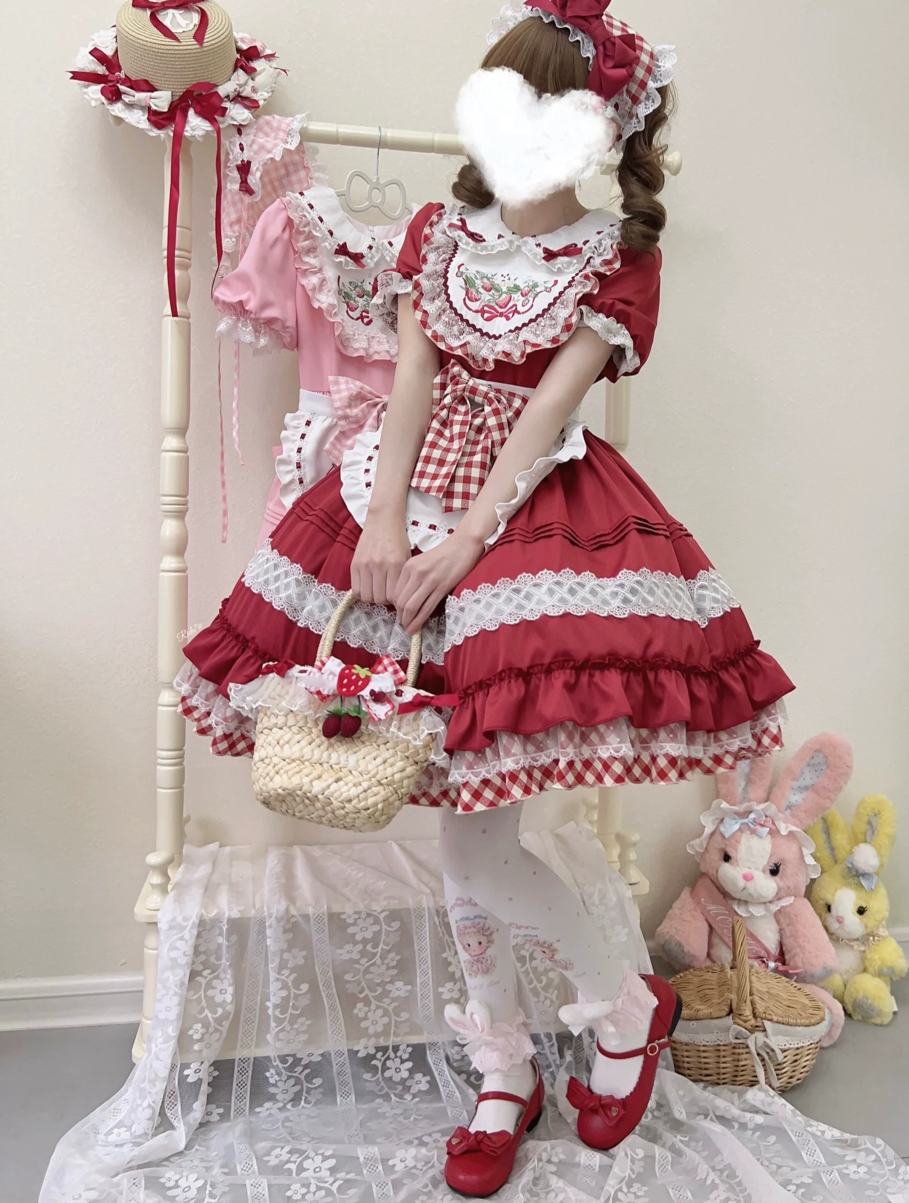 Strawberry Tea - Sweet Red Lolita OP Dress Short Sleeve Apron Dress - Image 4