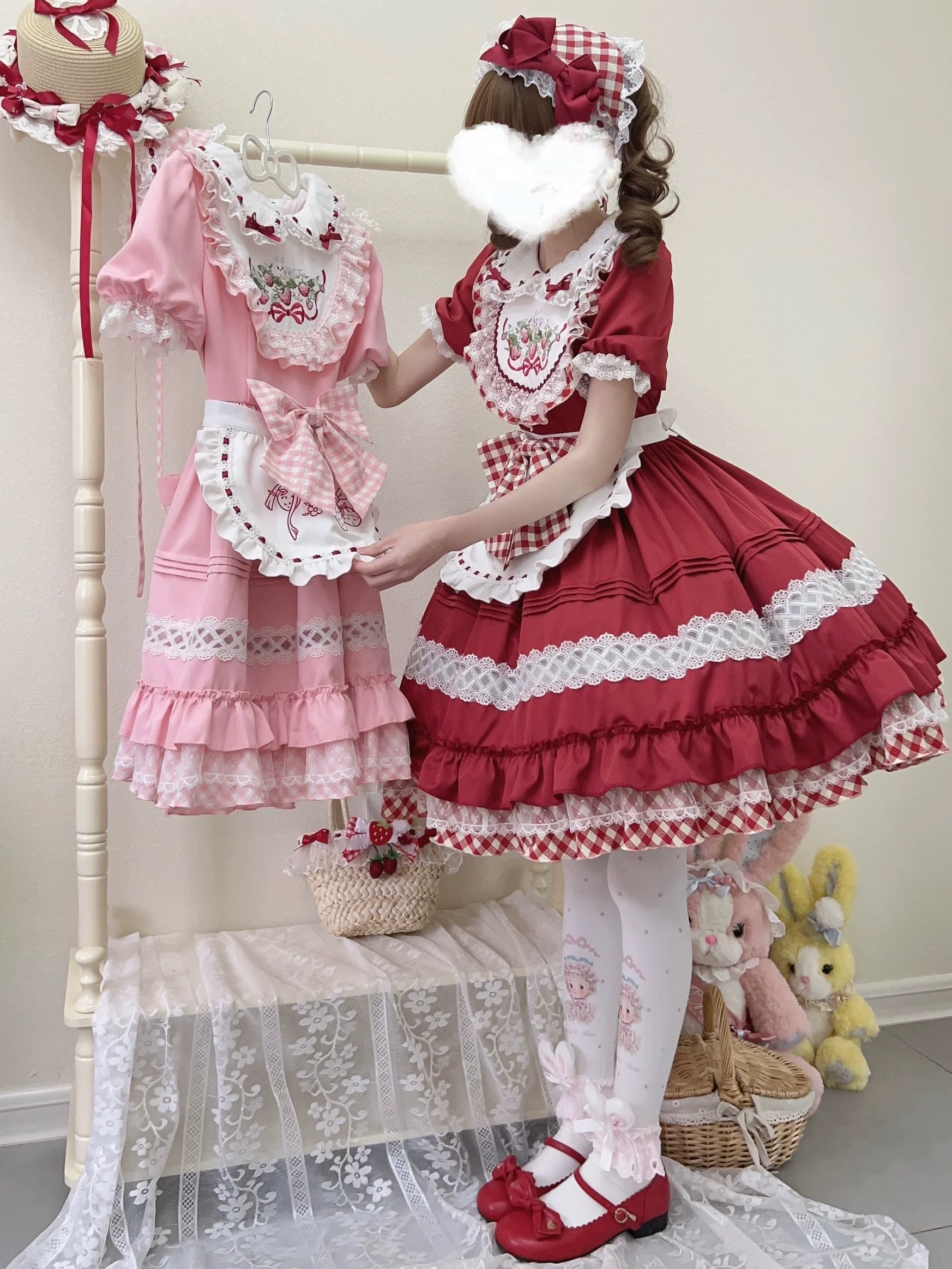 Strawberry Tea - Sweet Red Lolita OP Dress Short Sleeve Apron Dress - Image 5