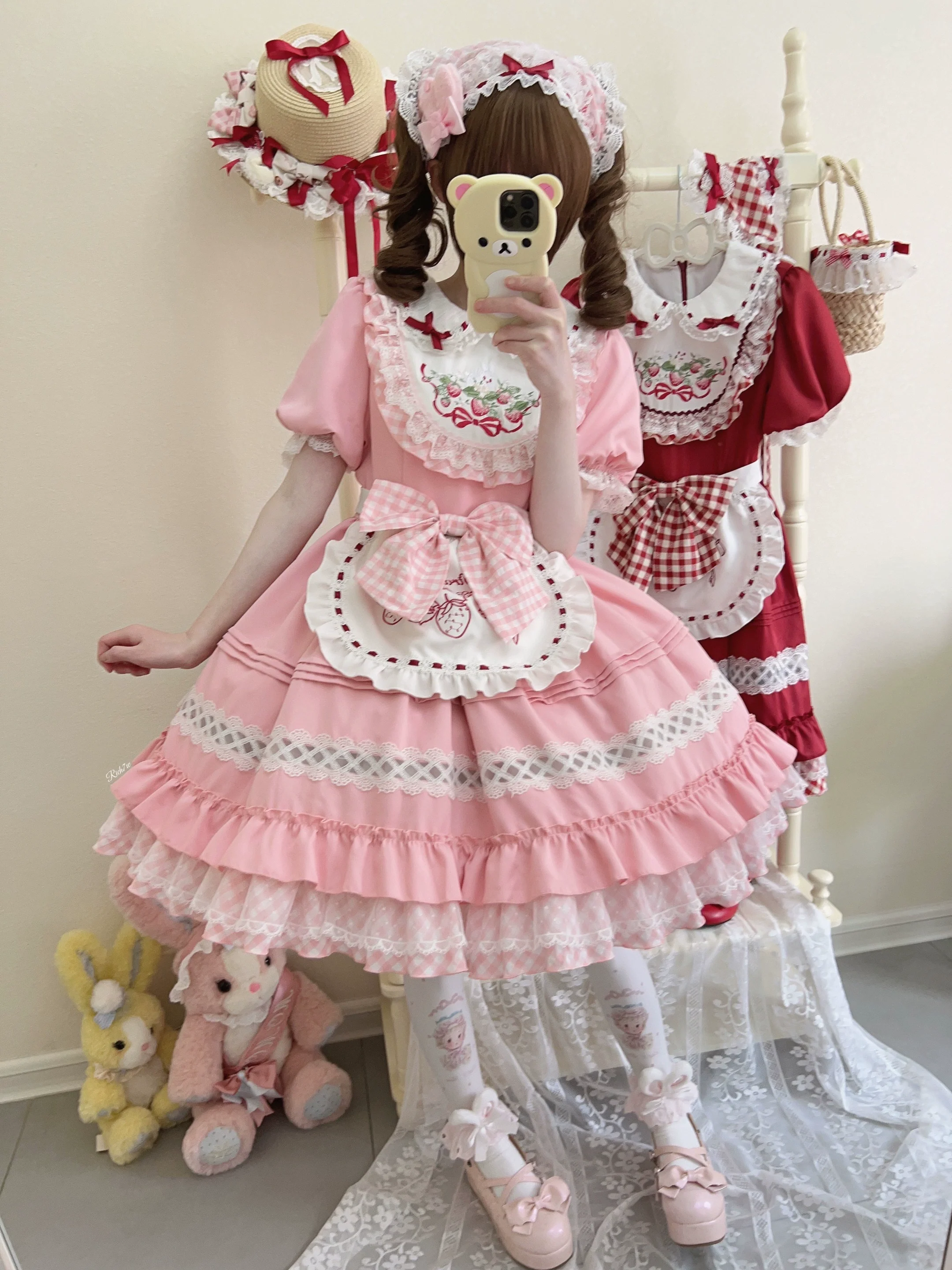 Strawberry Tea - Sweet Red Lolita OP Dress Short Sleeve Apron Dress - Image 7