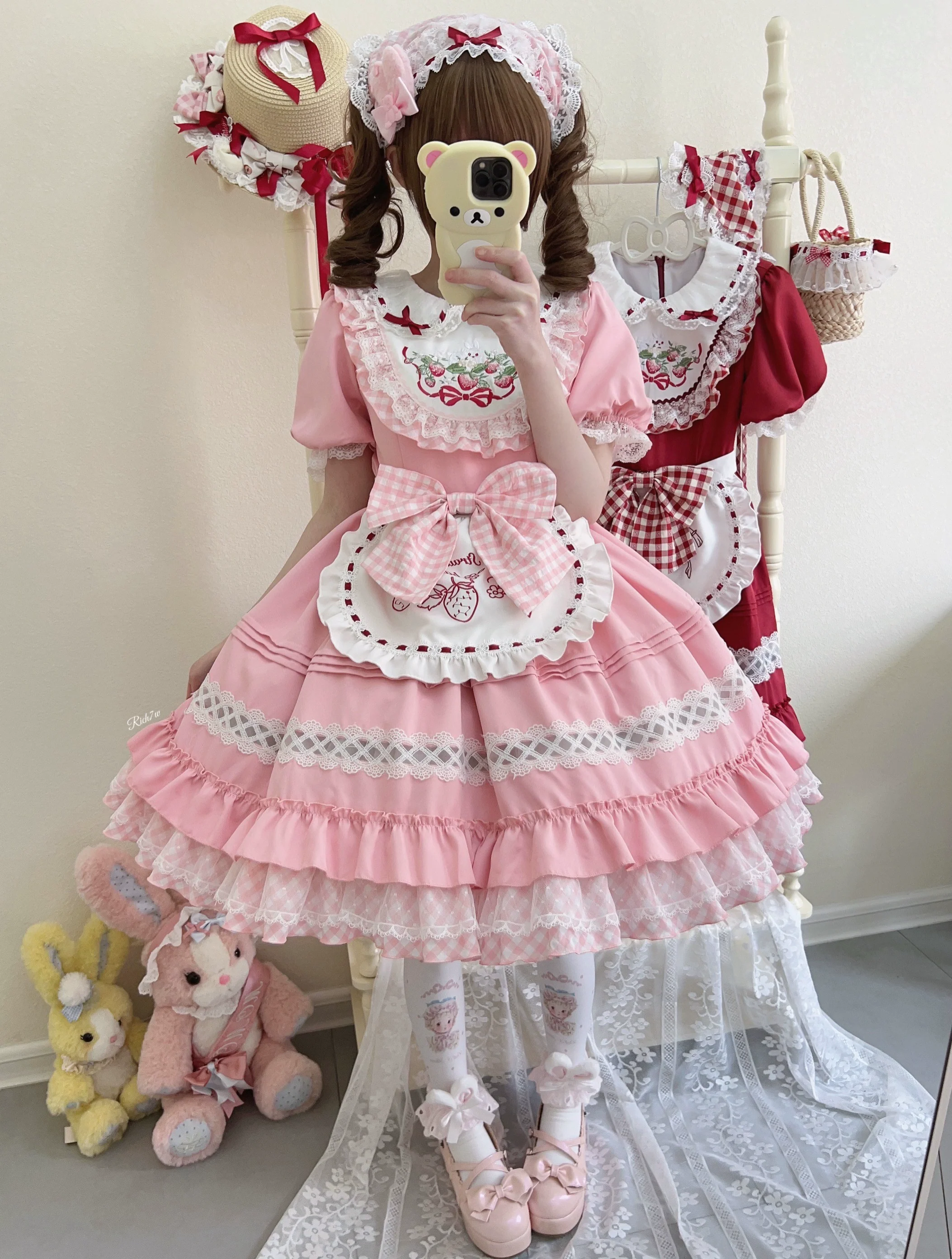Strawberry Tea - Sweet Red Lolita OP Dress Short Sleeve Apron Dress - Image 8