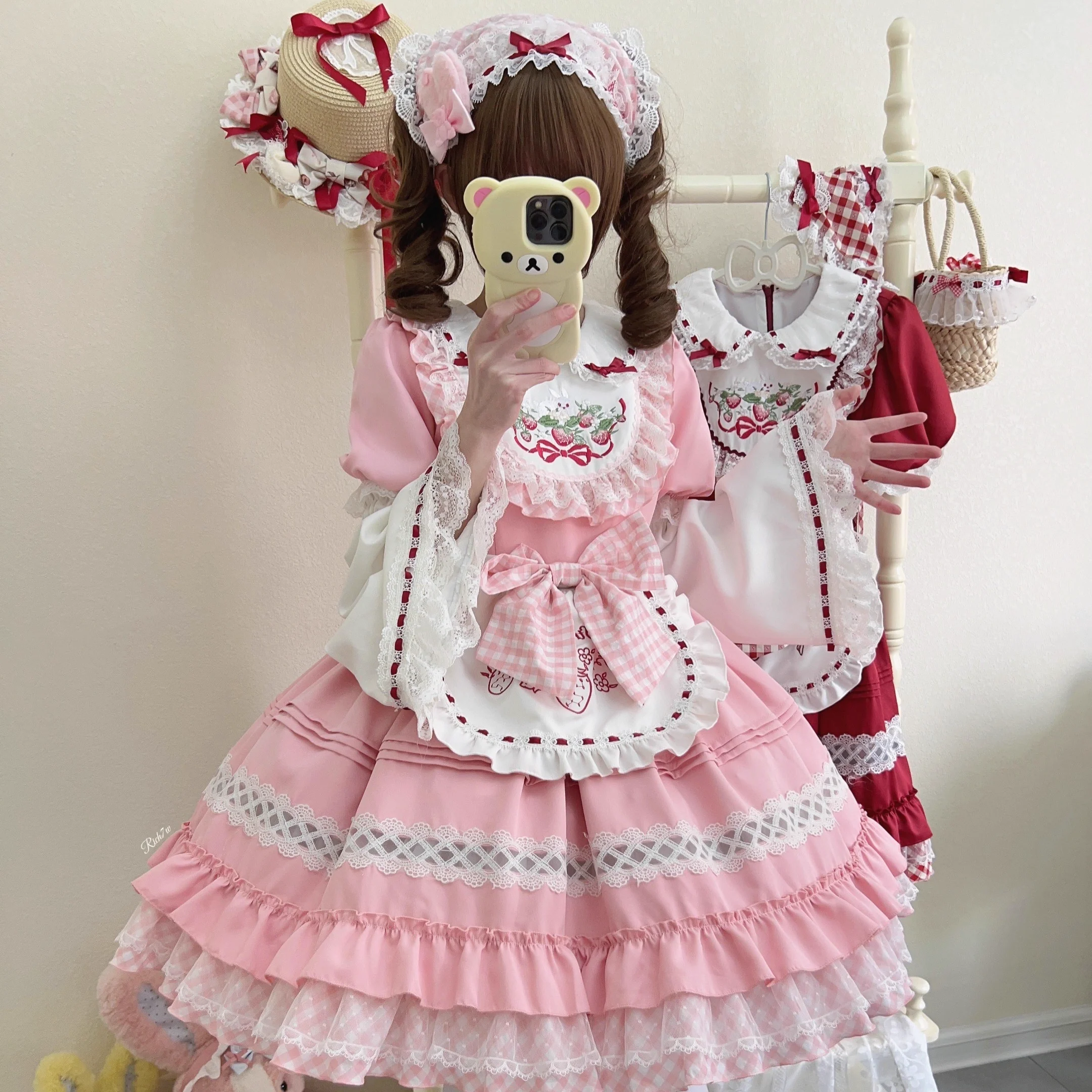 Strawberry Tea - Sweet Red Lolita OP Dress Short Sleeve Apron Dress - Image 9
