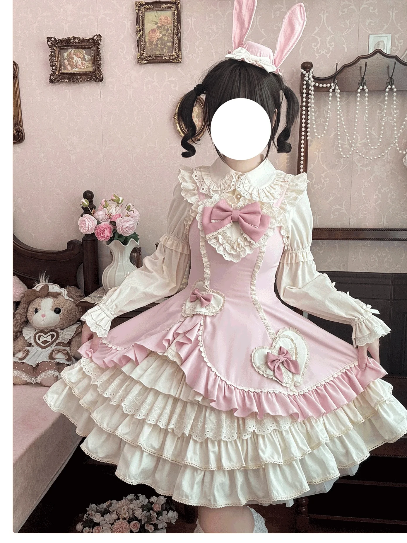 Cream Bud - Tiered Hem Old School Lolita JSK, Side Opening - Image 2