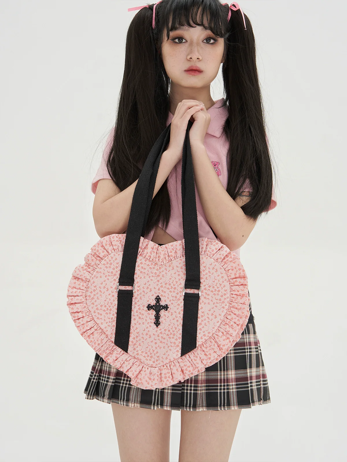 SOS MEME CLUB - Vintage Lolita Heart Shaped Plaid Dot Print JK Uniform Bag - Image 10
