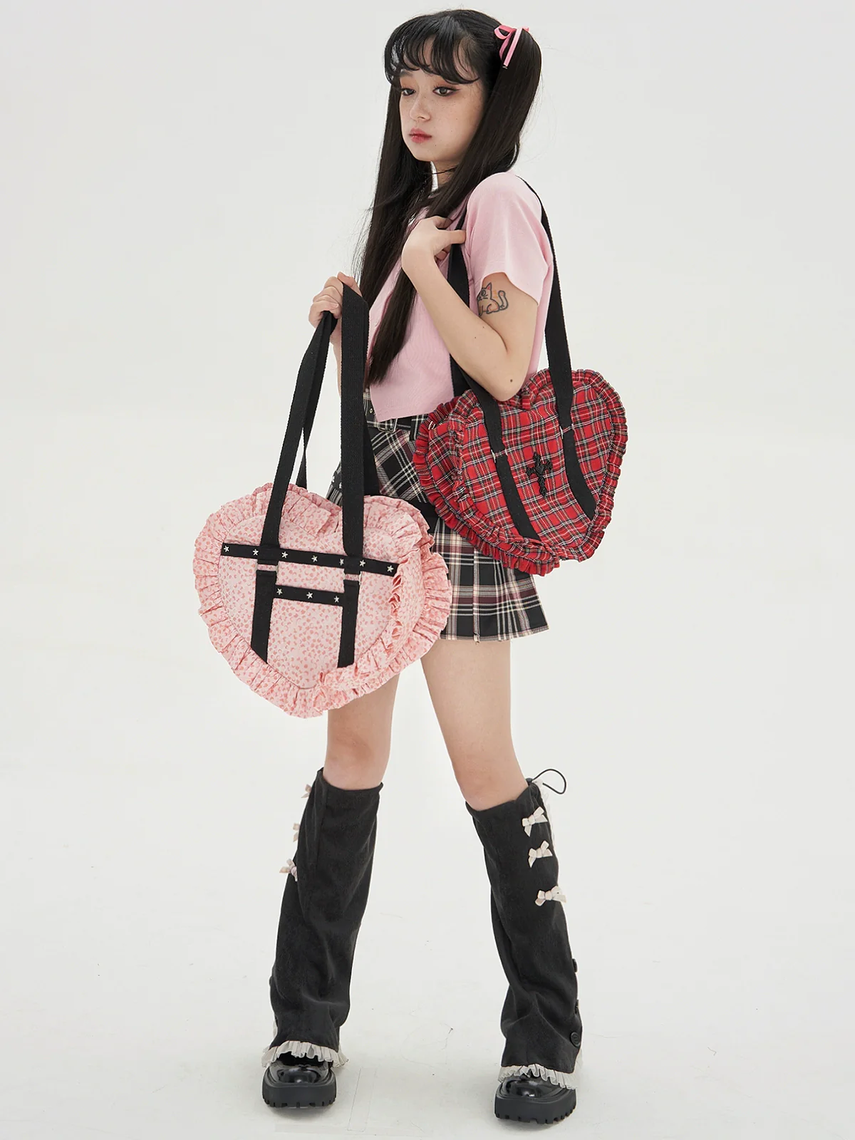 SOS MEME CLUB - Vintage Lolita Heart Shaped Plaid Dot Print JK Uniform Bag - Image 15