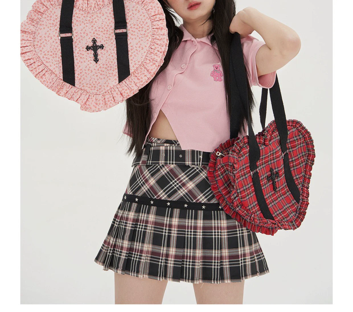 SOS MEME CLUB - Vintage Lolita Heart Shaped Plaid Dot Print JK Uniform Bag - Image 16