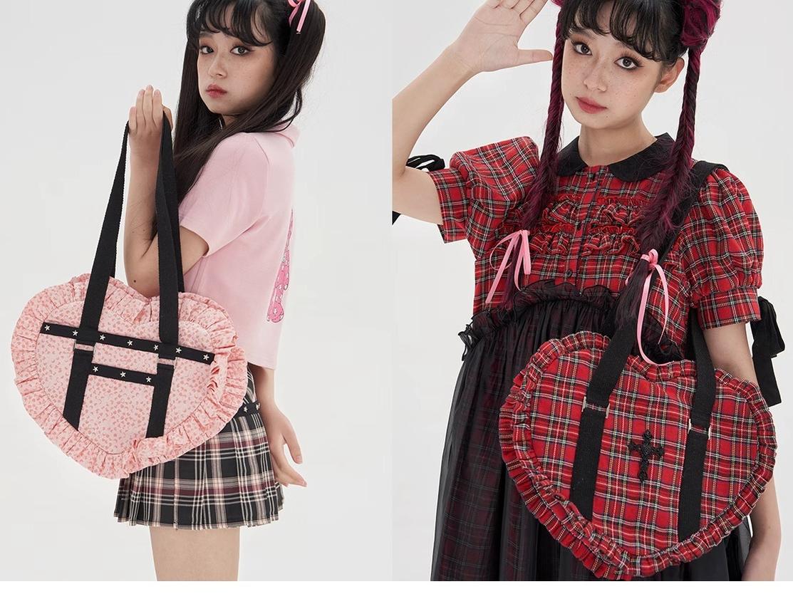 SOS MEME CLUB - Vintage Lolita Heart Shaped Plaid Dot Print JK Uniform Bag - Image 17