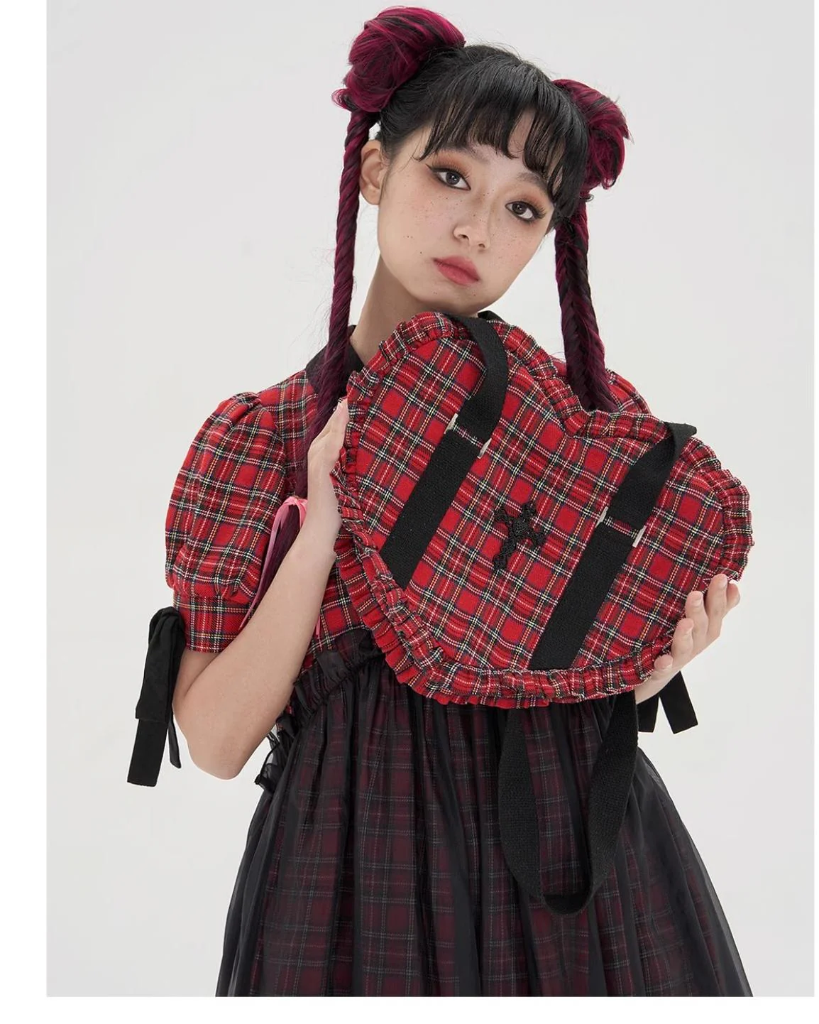 SOS MEME CLUB - Vintage Lolita Heart Shaped Plaid Dot Print JK Uniform Bag - Image 18