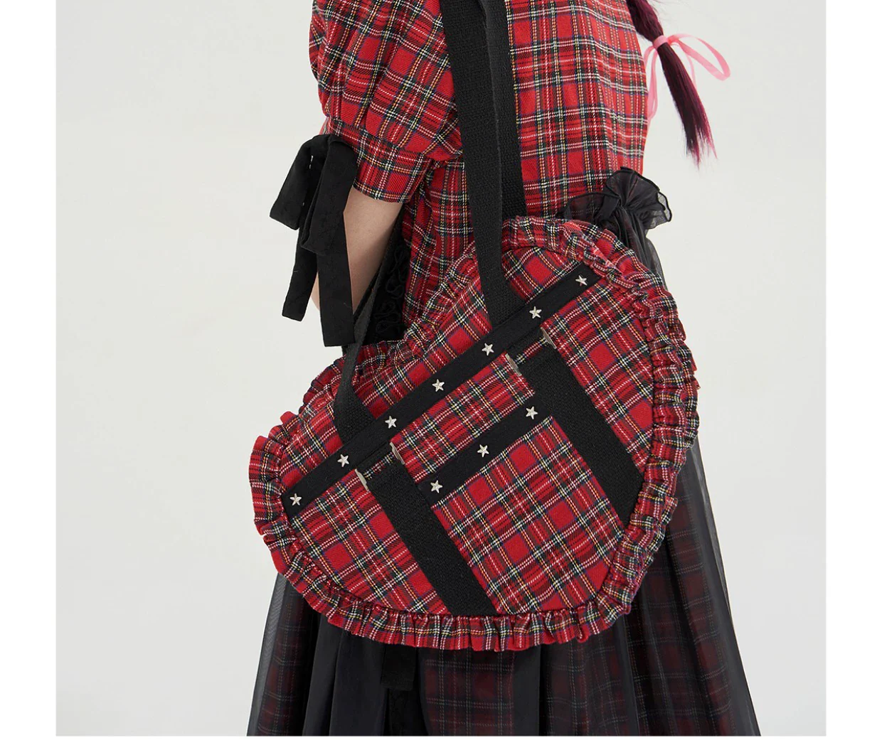 SOS MEME CLUB - Vintage Lolita Heart Shaped Plaid Dot Print JK Uniform Bag - Image 19