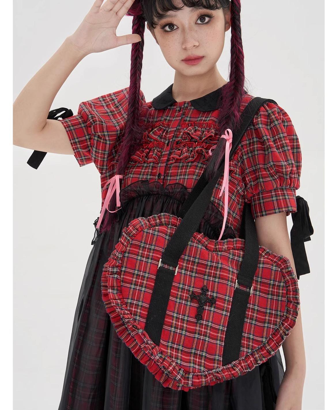 SOS MEME CLUB - Vintage Lolita Heart Shaped Plaid Dot Print JK Uniform Bag - Image 20