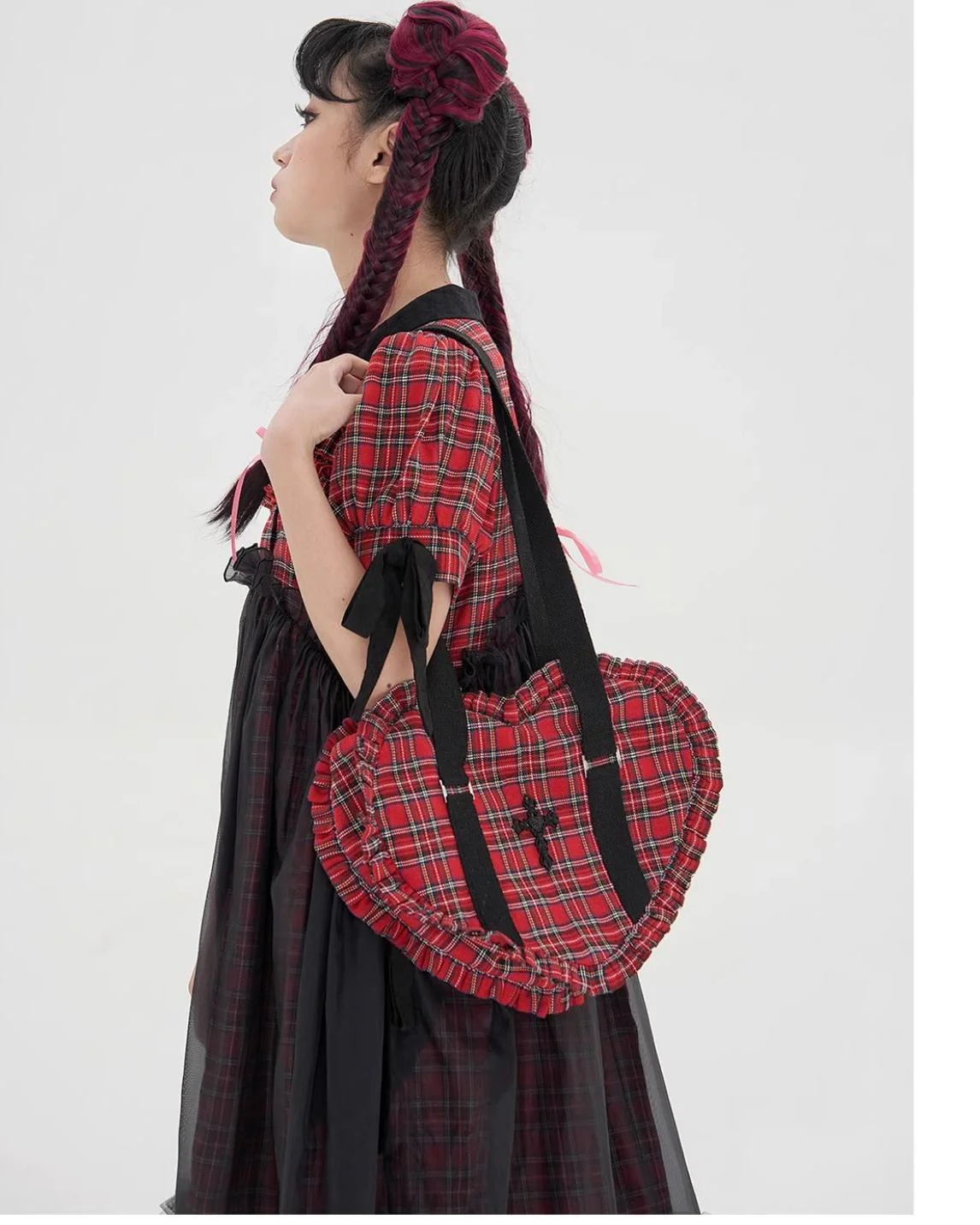 SOS MEME CLUB - Vintage Lolita Heart Shaped Plaid Dot Print JK Uniform Bag - Image 21