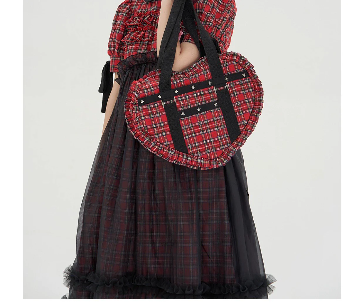 SOS MEME CLUB - Vintage Lolita Heart Shaped Plaid Dot Print JK Uniform Bag - Image 22
