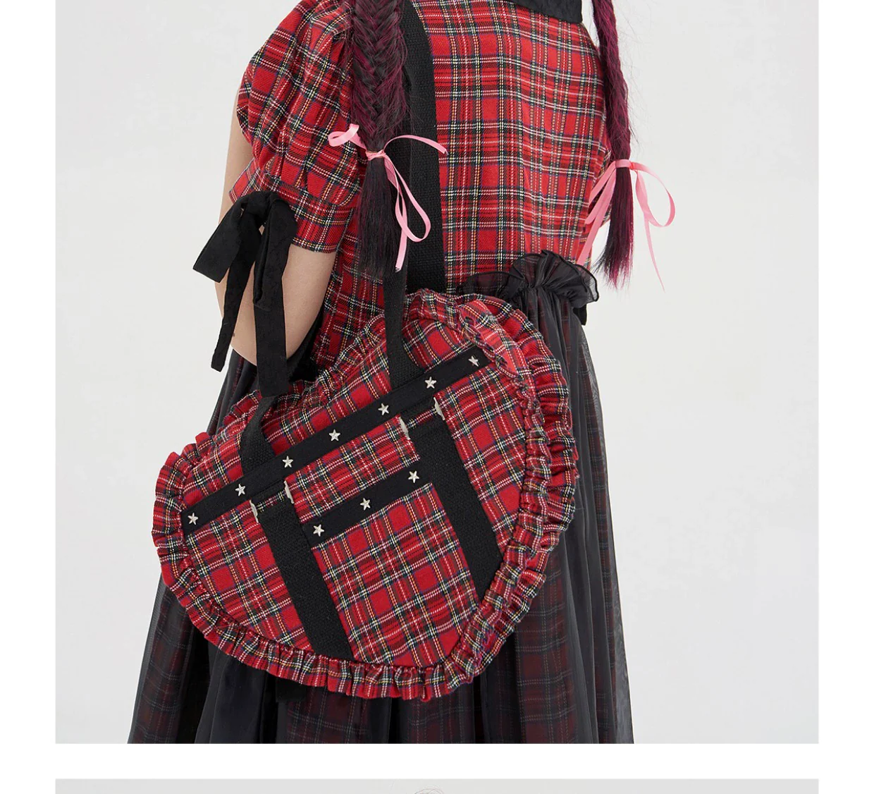SOS MEME CLUB - Vintage Lolita Heart Shaped Plaid Dot Print JK Uniform Bag - Image 23