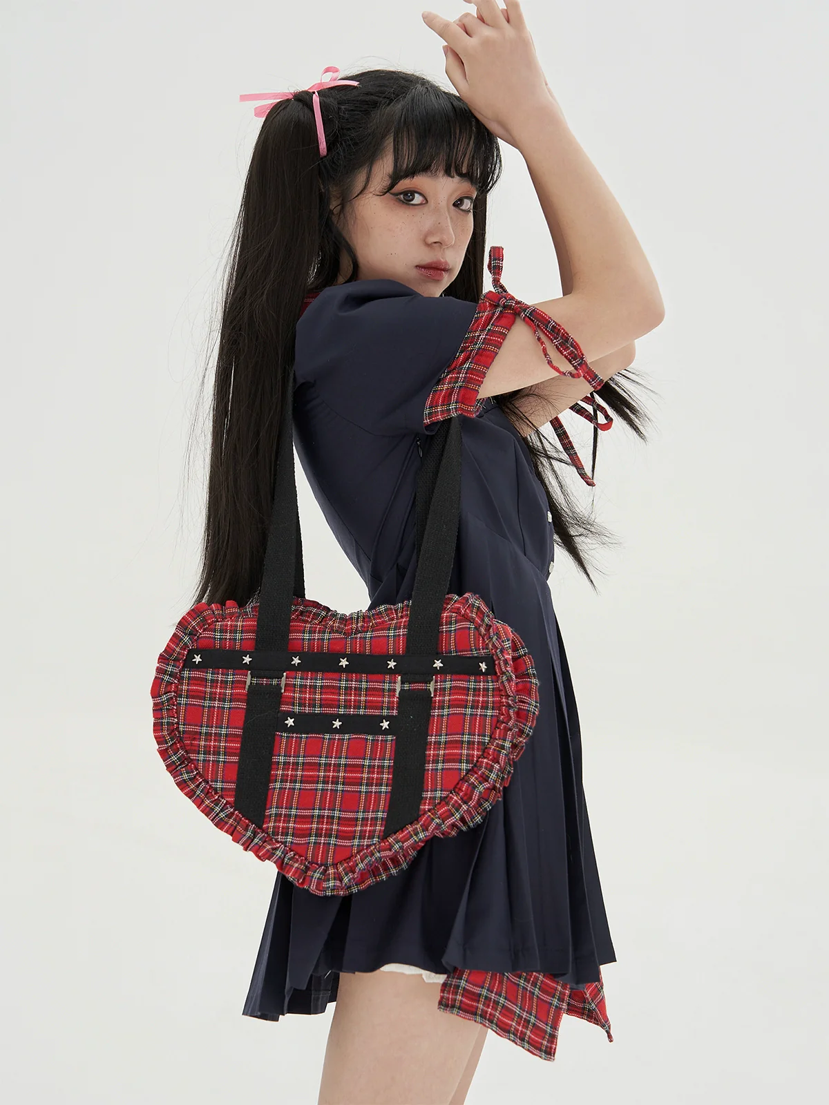 SOS MEME CLUB - Vintage Lolita Heart Shaped Plaid Dot Print JK Uniform Bag - Image 24