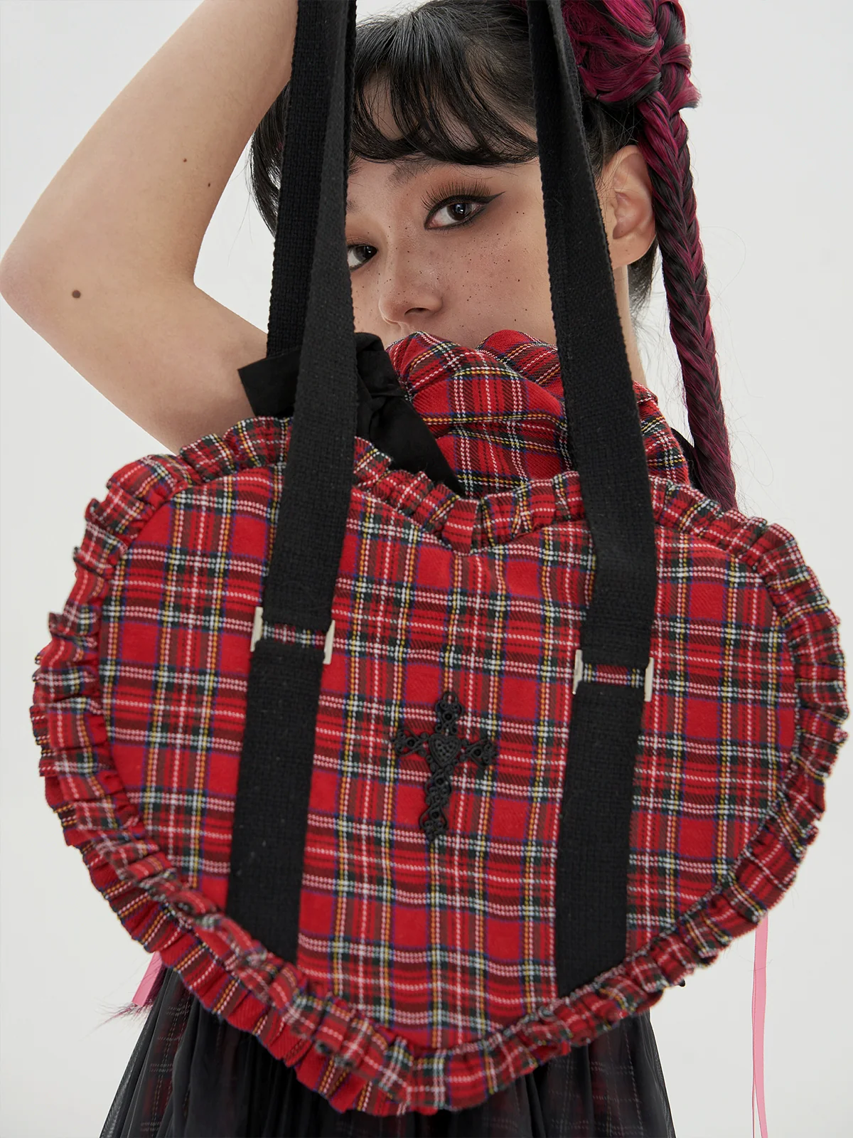 SOS MEME CLUB - Vintage Lolita Heart Shaped Plaid Dot Print JK Uniform Bag - Image 25