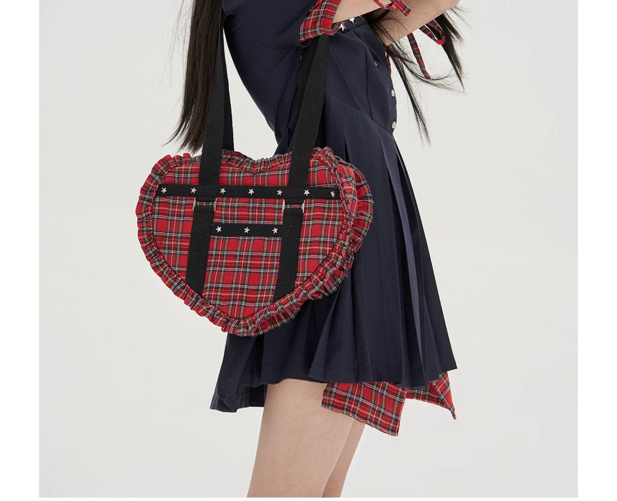 SOS MEME CLUB - Vintage Lolita Heart Shaped Plaid Dot Print JK Uniform Bag - Image 26