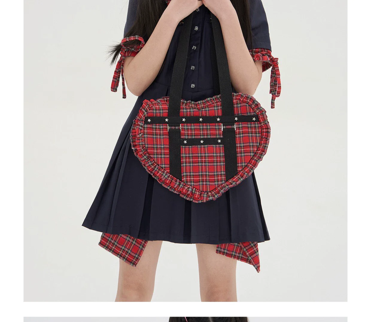 SOS MEME CLUB - Vintage Lolita Heart Shaped Plaid Dot Print JK Uniform Bag - Image 28