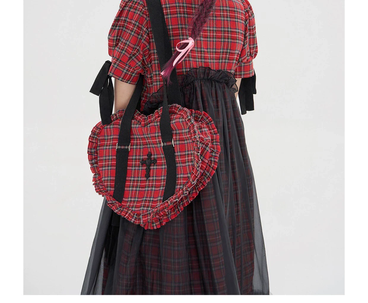 SOS MEME CLUB - Vintage Lolita Heart Shaped Plaid Dot Print JK Uniform Bag - Image 29