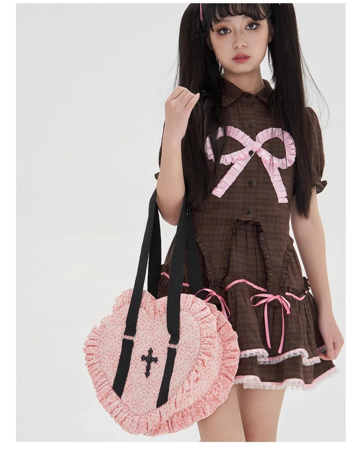 SOS MEME CLUB - Vintage Lolita Heart Shaped Plaid Dot Print JK Uniform Bag - Image 3