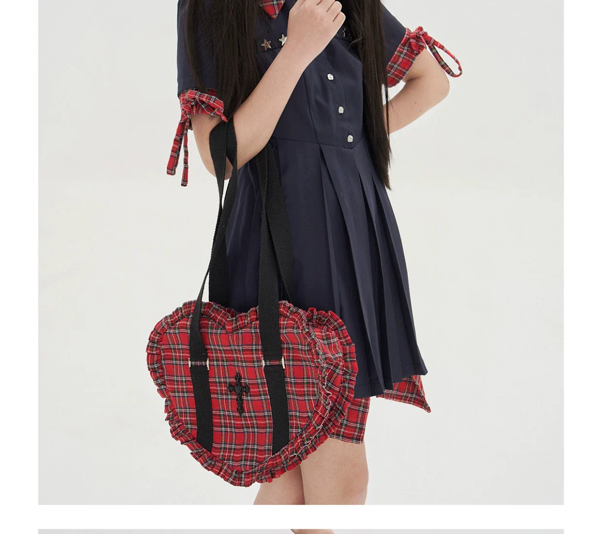 SOS MEME CLUB - Vintage Lolita Heart Shaped Plaid Dot Print JK Uniform Bag - Image 30