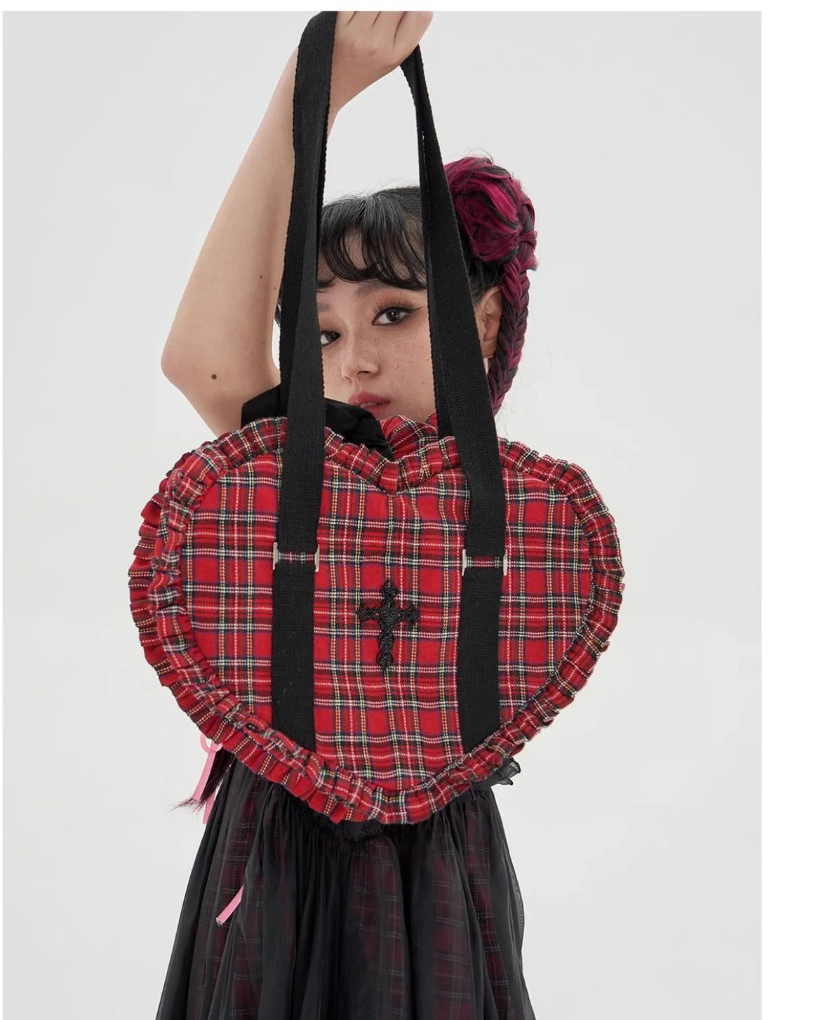 SOS MEME CLUB - Vintage Lolita Heart Shaped Plaid Dot Print JK Uniform Bag - Image 31