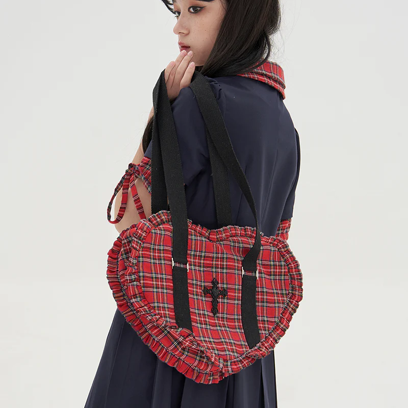 SOS MEME CLUB - Vintage Lolita Heart Shaped Plaid Dot Print JK Uniform Bag - Image 32