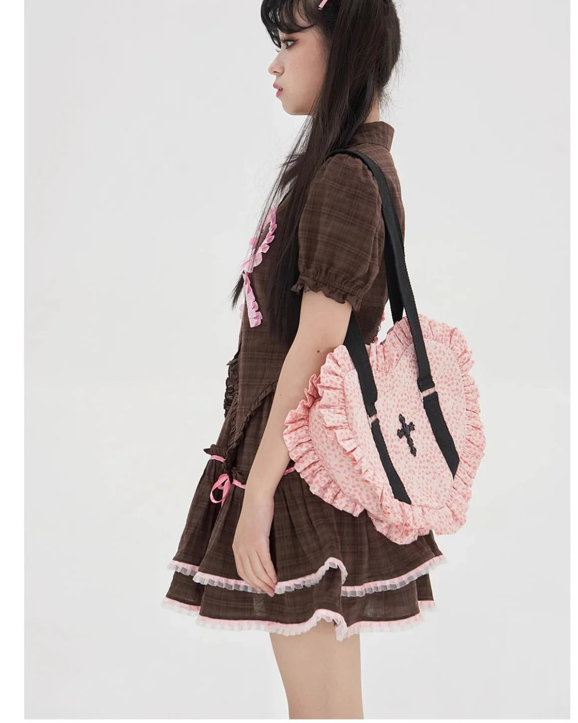 SOS MEME CLUB - Vintage Lolita Heart Shaped Plaid Dot Print JK Uniform Bag - Image 4