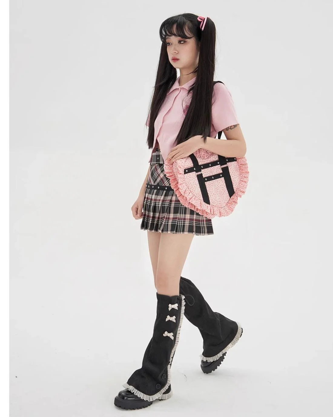 SOS MEME CLUB - Vintage Lolita Heart Shaped Plaid Dot Print JK Uniform Bag - Image 5