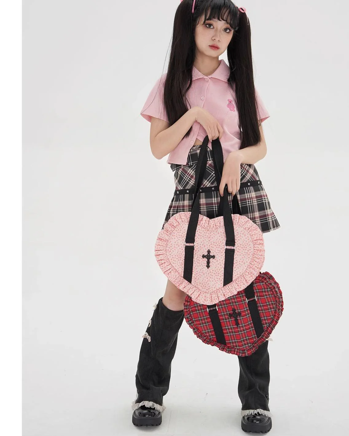 SOS MEME CLUB - Vintage Lolita Heart Shaped Plaid Dot Print JK Uniform Bag - Image 6