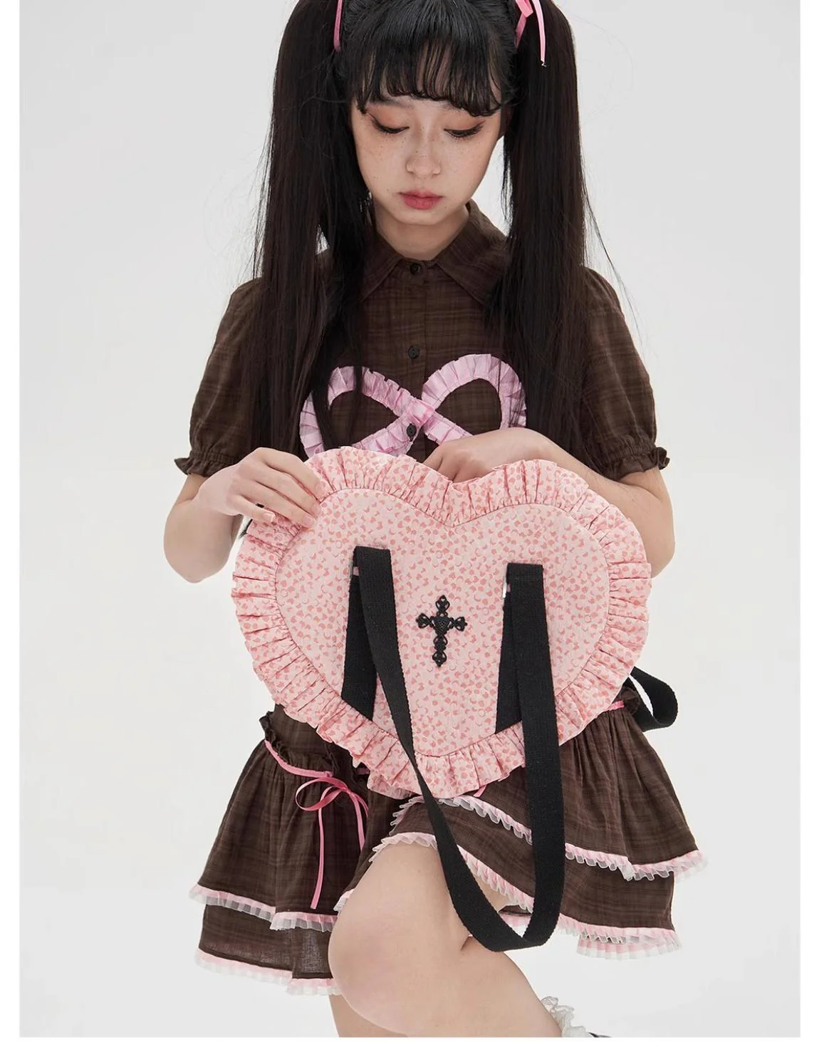 SOS MEME CLUB - Vintage Lolita Heart Shaped Plaid Dot Print JK Uniform Bag - Image 8