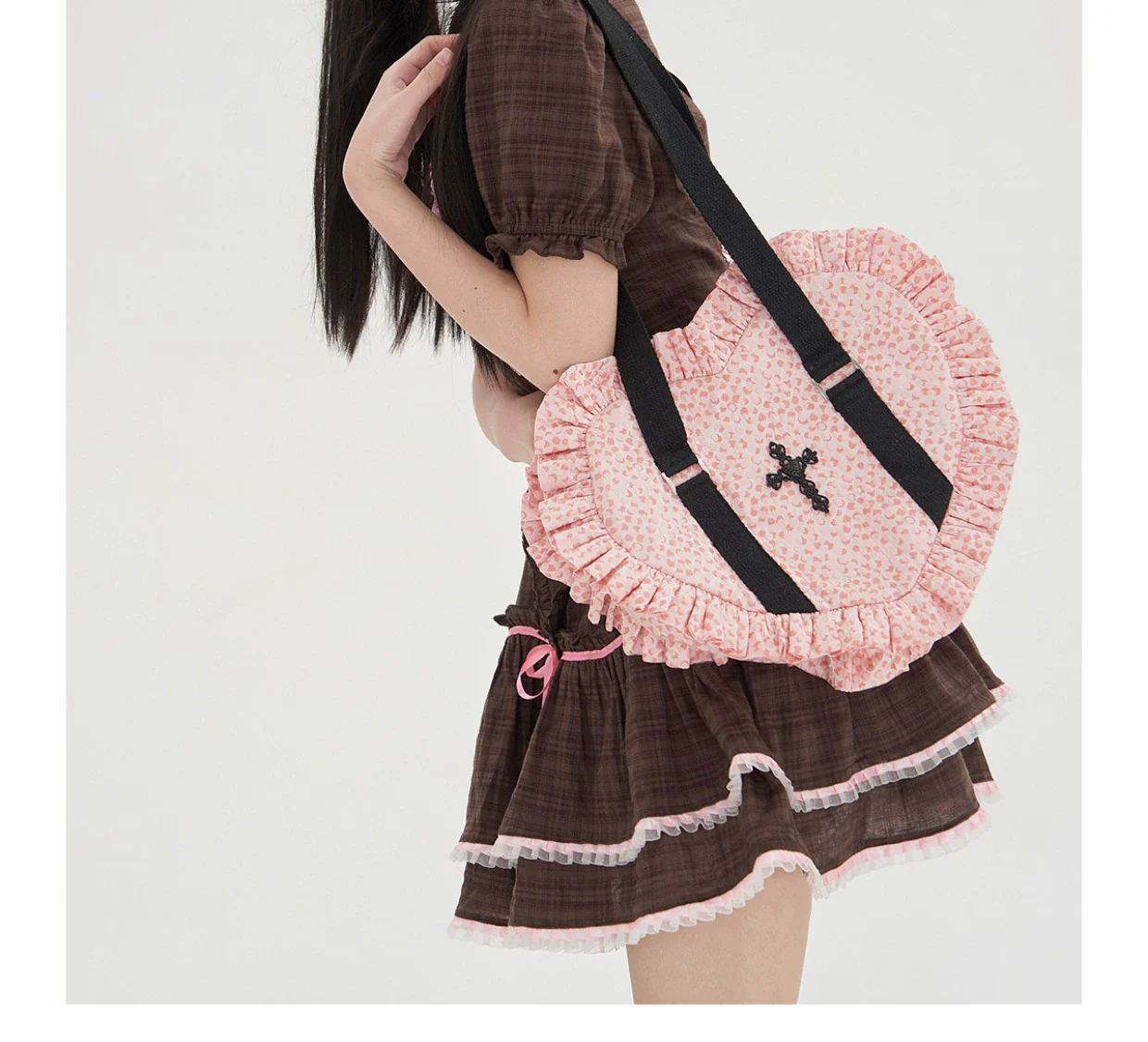 SOS MEME CLUB - Vintage Lolita Heart Shaped Plaid Dot Print JK Uniform Bag - Image 9