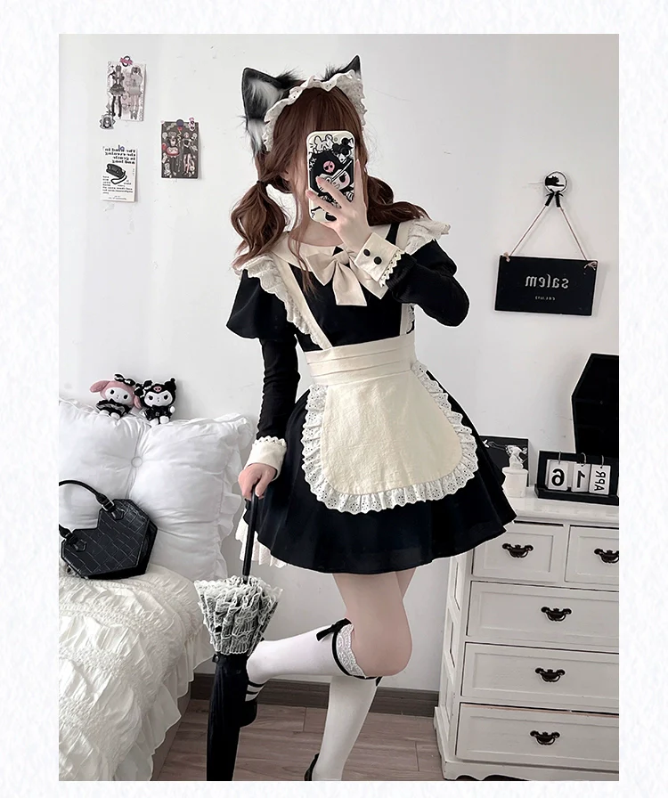 With PUJI - Kiss Kiss - Vintage Lolita OP Dress Maid Lolita Apron Dress - Image 10